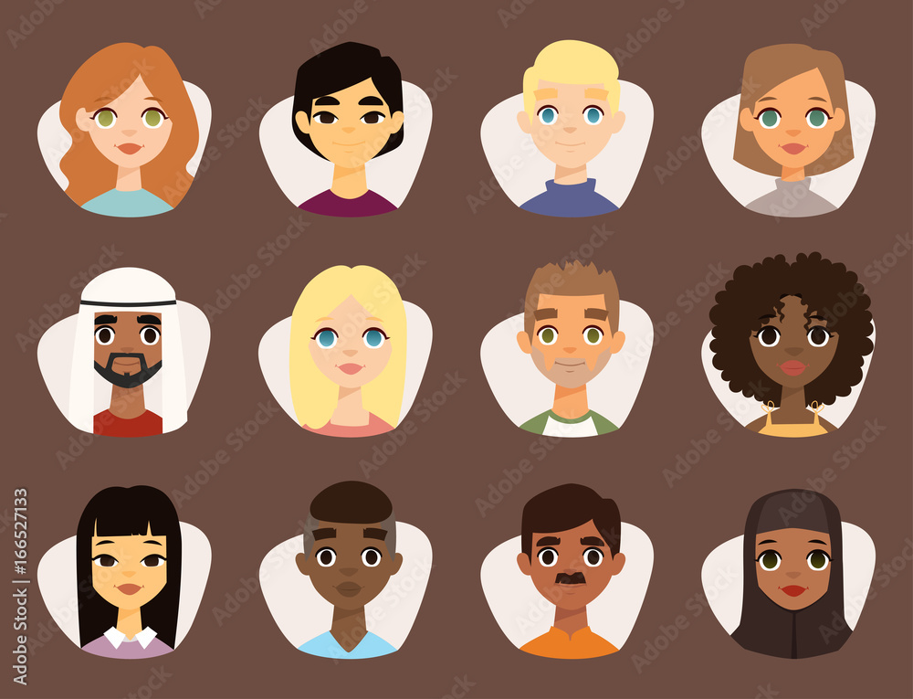 Set of diverse round avatars with facial features different nationalities clothes and hairstyles people characters vector illustration