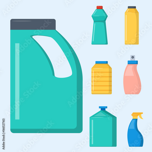 Bottles of household chemicals supplies cleaning housework liquid domestic fluid cleaner pack vector illustration.