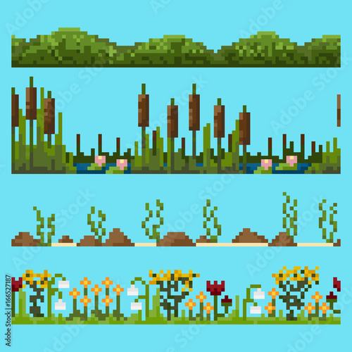 Set of pixel seamless landscape elements