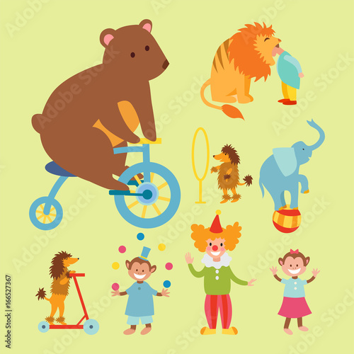 Circus funny animals set of vector icons cheerful zoo entertainment collection juggler pets magician performer carnival illustration.