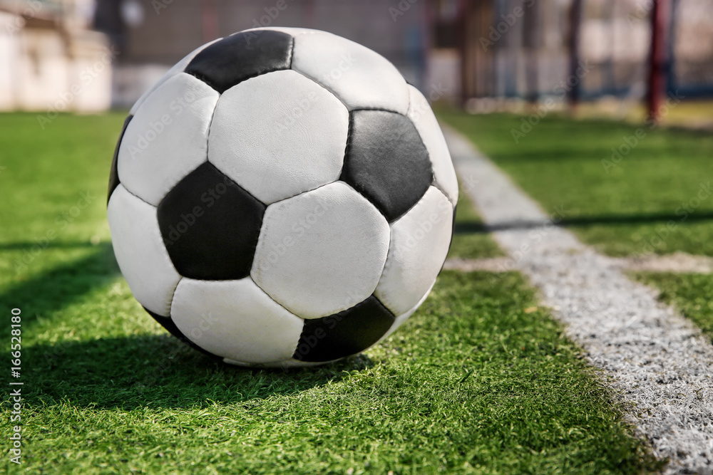 Fototapeta premium Soccer ball on fresh green grass outdoors