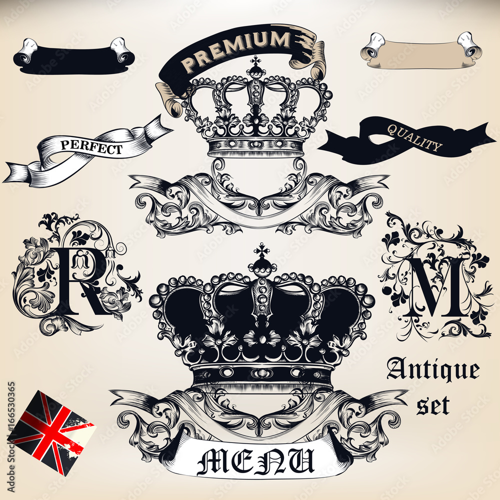 Vector set of crowns, banners and badges in vintage antique style