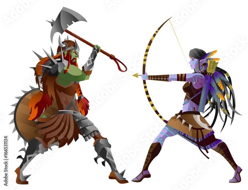 fantasy orc troll against a purple dark warrior elf