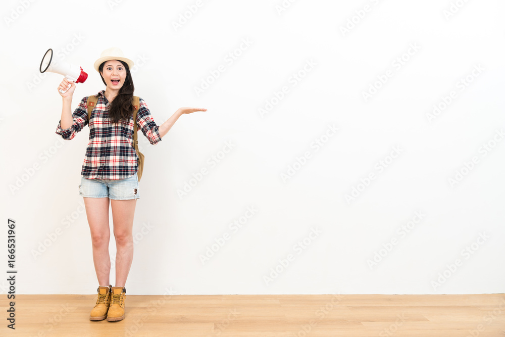 pretty female traveler making displaying gesture pretty female traveler making displaying gesture