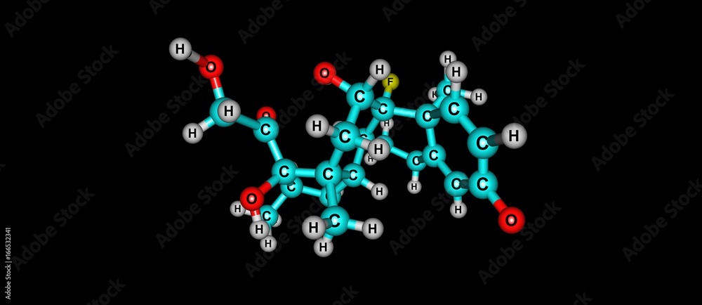Dexamethasone molecular structure isolated on black Dexamethasone molecular structure isolated on black