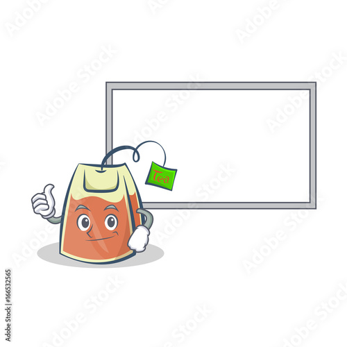 tea bag character cartoon with board and okay