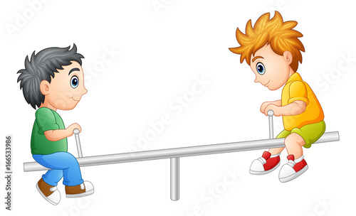 Two boys playing on seesaw