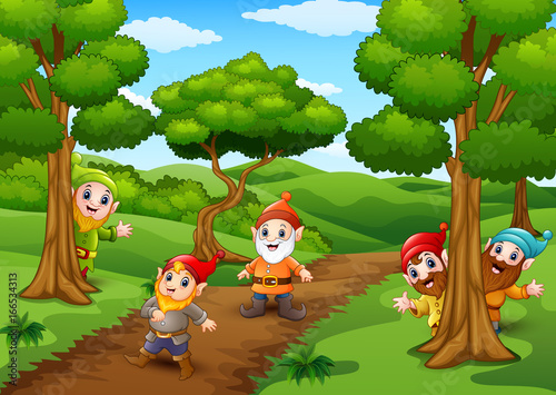 Cartoon happy dwarf in the forest