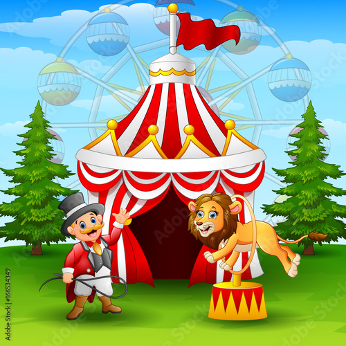 Cartoon lion jumping through ring on the circus tent background