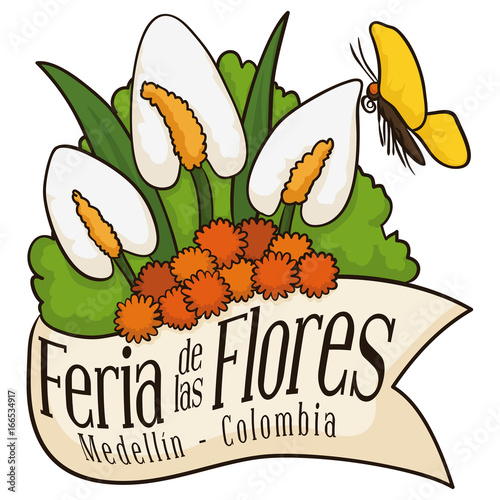 Beautiful Floral Arrangement behind Ribbon for Colombian Flowers Festival, Vector Illustration
