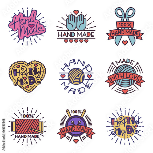 Handmade needlework craft badges sewing fashion tailoring tailor handicraft elements vector illustration.