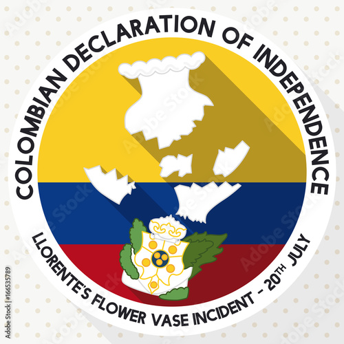 Round Button with Shattered Vase for Colombian Independence Day, Vector Illustration photo