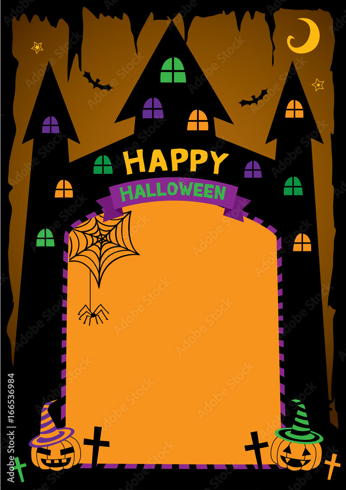 Halloween poster with castle frame and pumpkins