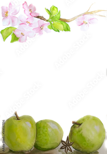 Background for a postcard on an autumn theme, watercolor apples