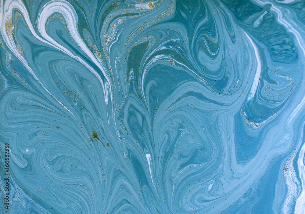 Marbled blue and golden abstract background. Liquid marble pattern