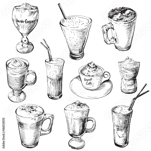 Set of different coffee beverages.Hot and cold coffee drinks.