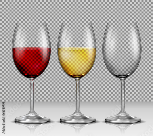 Set of illustrations, transparent vector wine glasses empty, with white and red wine, isolated. Print, template, design element