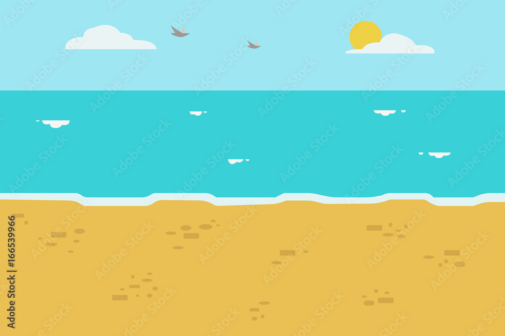 Beautiful beach with wave and sky background vector.Seascape on vacation.Relax sea view vector illustration.Flat beach with wave.