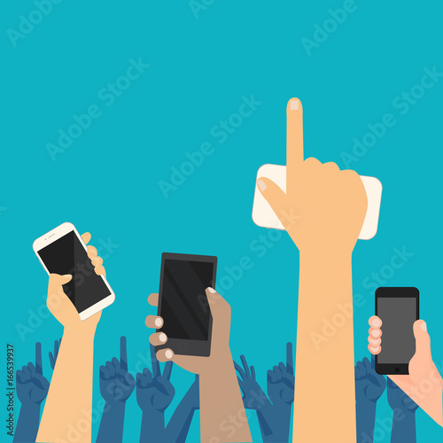 People hands up on concert show with smart phone vector.Hands holding mobile phone to taking picture crowd , variety .