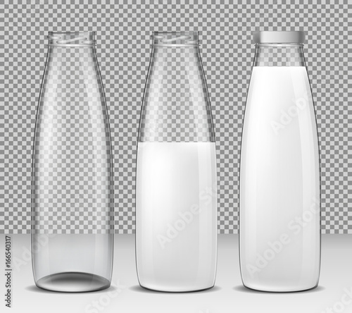 Set of vector isolated illustrations, icons, glass bottles for milk and dairy products empty, half full and full bottle sealed with a cap. Print, template, design element