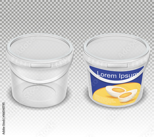 Vector realistic illustration of empty plastic transparent buckets for food - mayonnaise, sour cream, yogurt, cottage cheese, sauce, ice cream. Set of containers, mok up pails with label and without