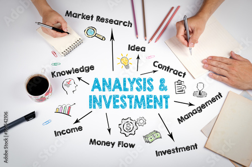 Analysis and Investment Concept. Chart with keywords and icons.