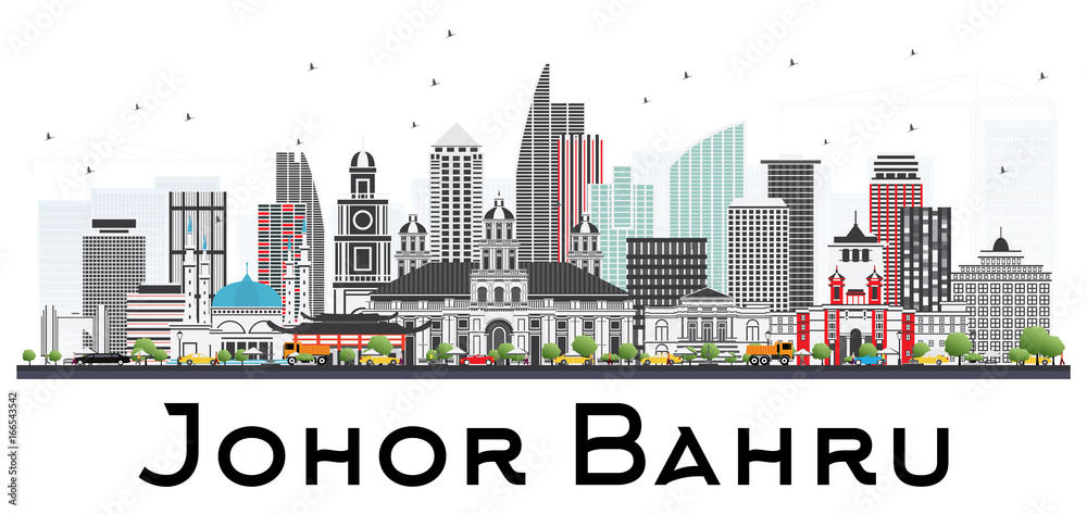 Johor Bahru Malaysia Skyline with Gray Buildings Isolated on White Background.