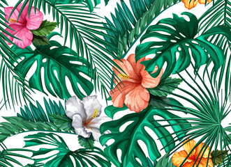 Fotobehang Hibiscus patronen Tropische hibiscus bladeren naadloos patroon  © belokrylowa