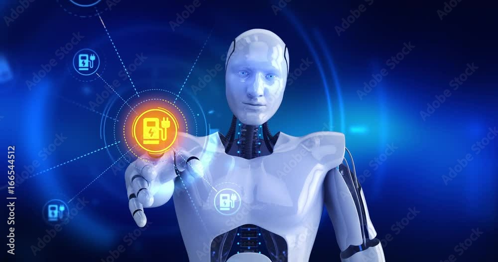 Humanoid robot touching on screen then car charging station symbols appears. 4K+ 3D animation concept. Humanoid robot touching on screen then car charging station symbols appears. 4K+ 3D animation concept.