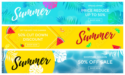 Summer sale banners of fruits and palm leaf vector online shopping flyer