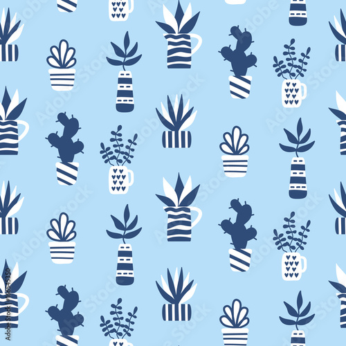 Vector seamless pattern with succulents and houseplants in vase