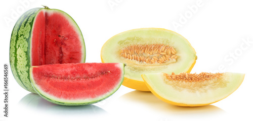 Fototapeta Naklejka Na Ścianę i Meble -  Melonen Honigmelone Wassermelone geschnitten tropisch frisch Früchte Frucht Obst Sommer Freisteller freigestellt isoliert