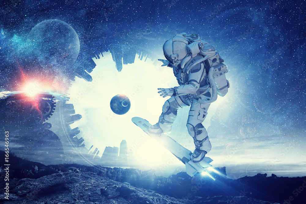 Fototapeta premium Spaceman on flying board. Mixed media