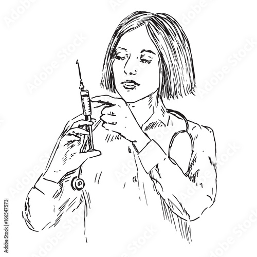 Nurse getting ready to inject, hand drawn doodle, sketch in pop art style, black and white vector illustration