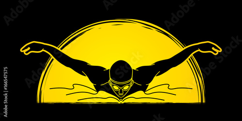 Swimming butterfly, man swimming designed on sunlight background graphic vector