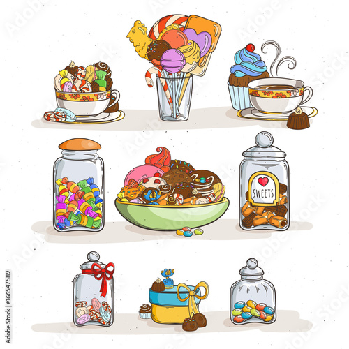 Sweets in glass jars of various forms with different candies and cookies.