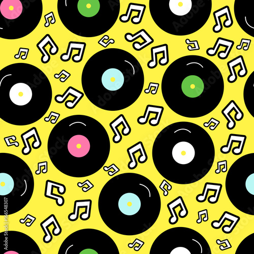 80s nostalgia style, Vintage retro 80's vector fashion seamless background. Pattern with vinyl record.