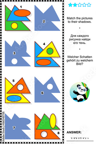 Educational math visual puzzle, basic shapes learning themed: Match the pictures to their shadows. Answer included.
