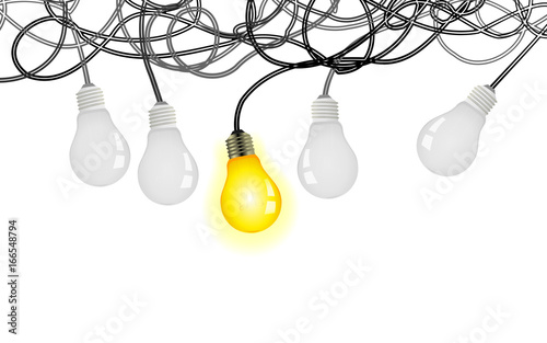 Complicated idea vector illustration with light bulbs and tangled power cables