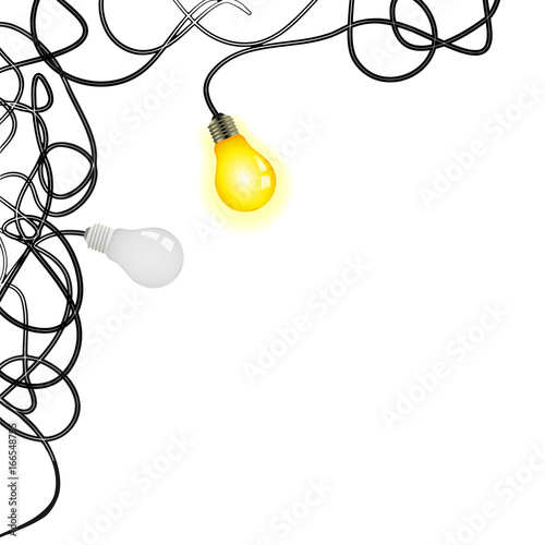 Corner idea vector illustration with light bulbs and tangled power cables