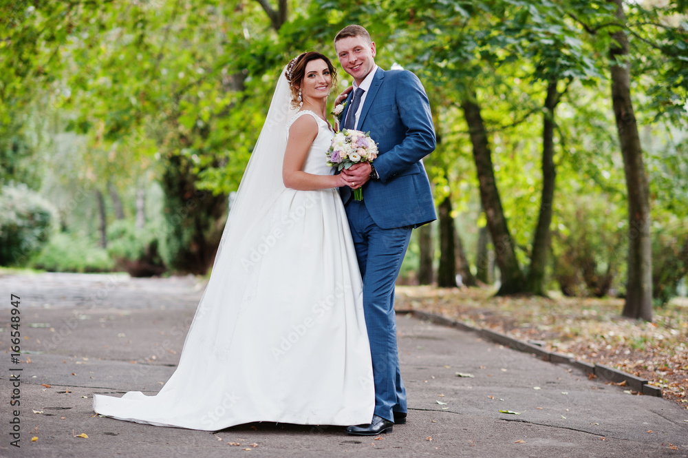 Fabulous young wedding couple posing in the park on the sunny day. Fabulous young wedding couple posing in the park on the sunny day.
