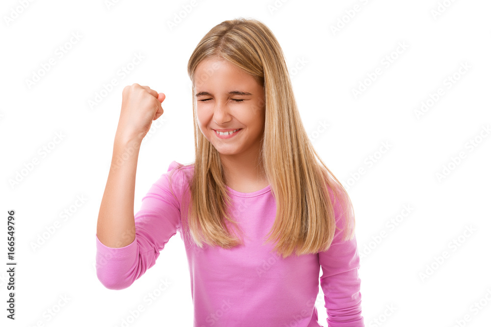 emotion, success, gesture and people concept - young teenage girl celebrating victory isolated
