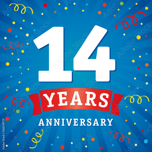 14 years anniversary logo celebration card. 14th years anniversary vector background with red ribbon and colored confetti on blue flash radial lines
