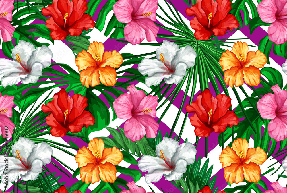 Vector tropical leaves, hibiscus seamless pattern