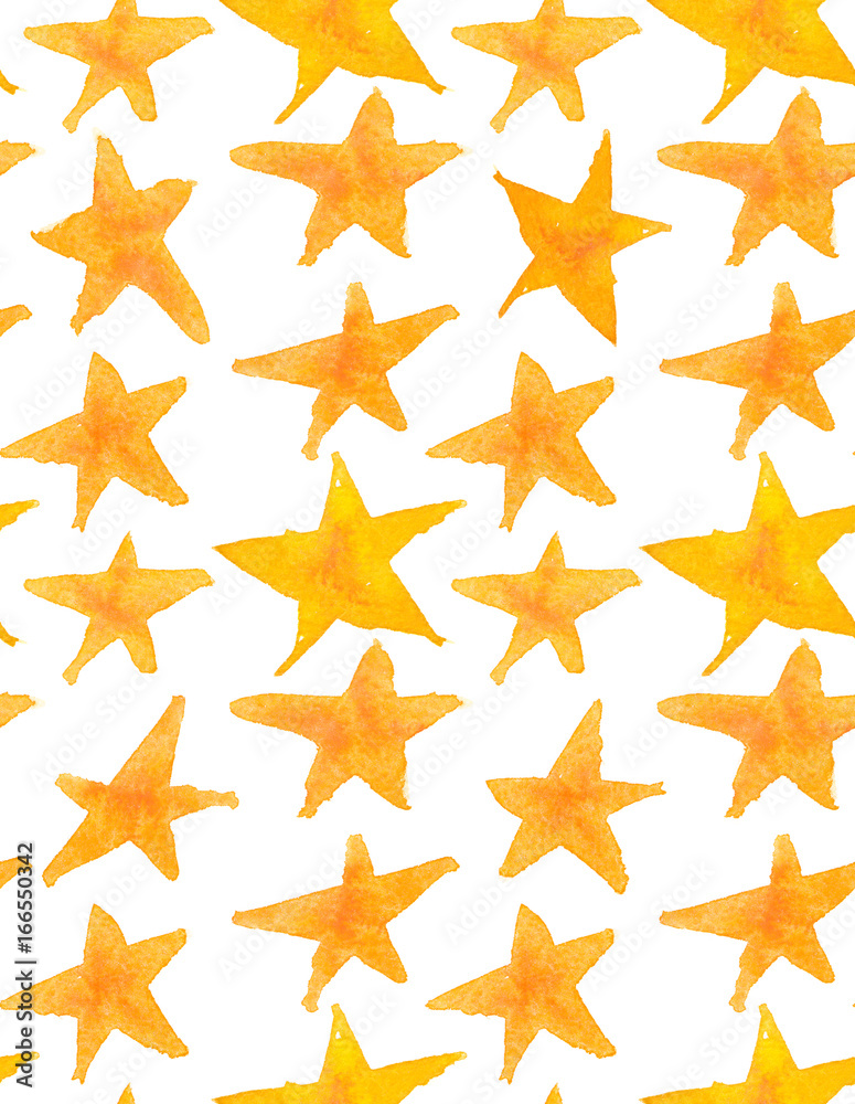 Seamless pattern with rows of golden yellow stars painted in watercolor on white isolated background Seamless pattern with rows of golden yellow stars painted in watercolor on white isolated background