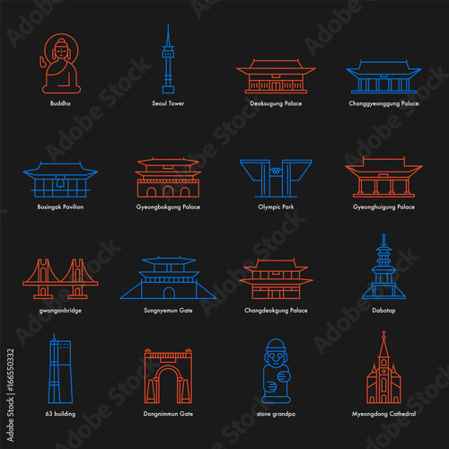 Korea landmark icons vector flat design illustration set 