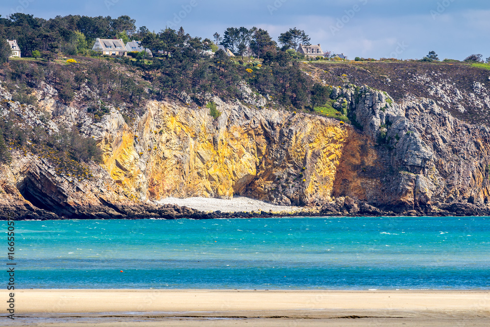 Fototapeta premium Beautiful village of Morgat with the sand beach and rocky coastline, Finistere, Brittany (Bretagne), France.