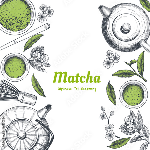 Vector frame with tea. Japanese tea ceremony. Matcha tea. Vintage style