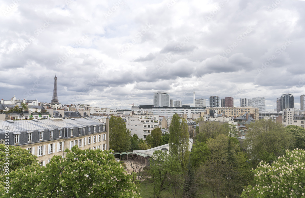 Paris, France - April 29, 2016: Panoramic view of the cityscape with the Eiffel tower