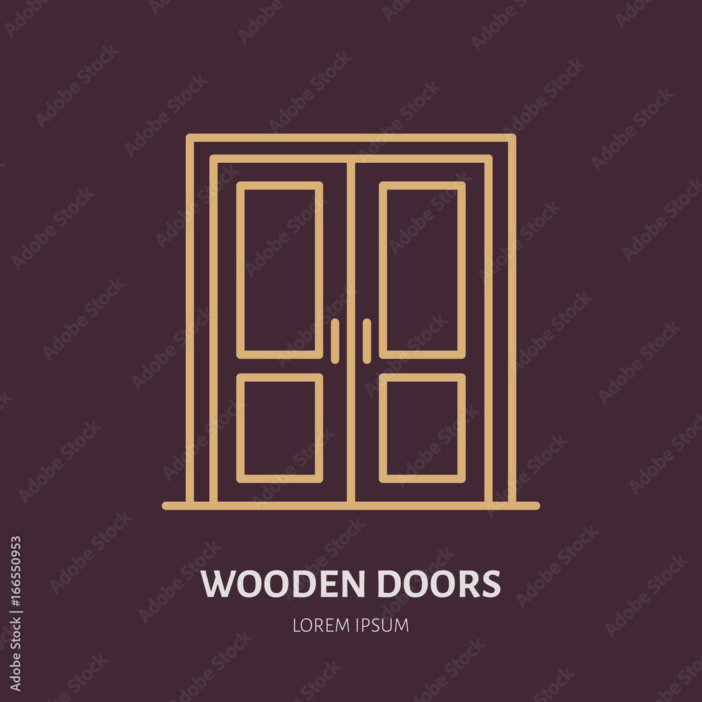 Wooden doors installation logo, repair flat line icon. Interior design thin linear sign for house decor shop, handyman service. Wooden doors installation logo, repair flat line icon. Interior design thin linear sign for house decor shop, handyman service.